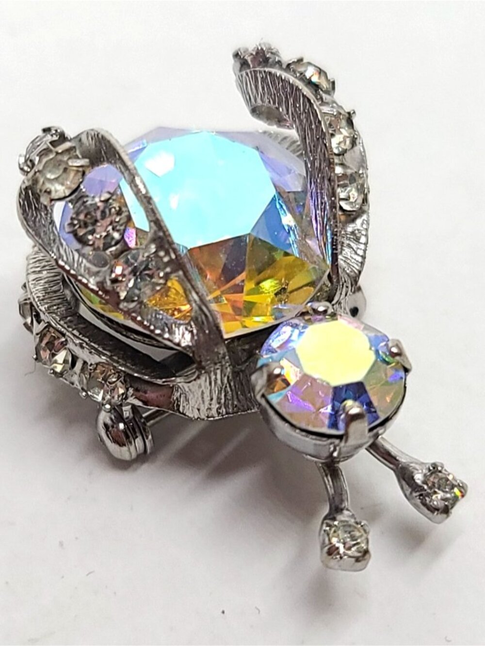 Vintage Weiss AB Crystal Beetle Bug Brooch Rhinestone Insect Pin Silver Tone 3D